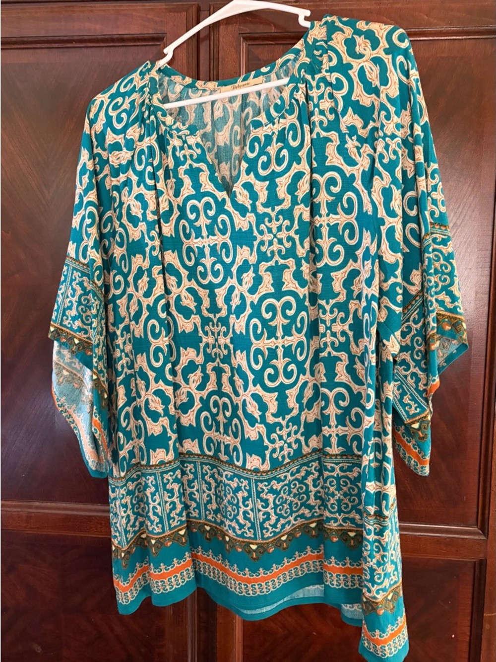 Printed Teal and Cream Boho Tunic with V-Neck